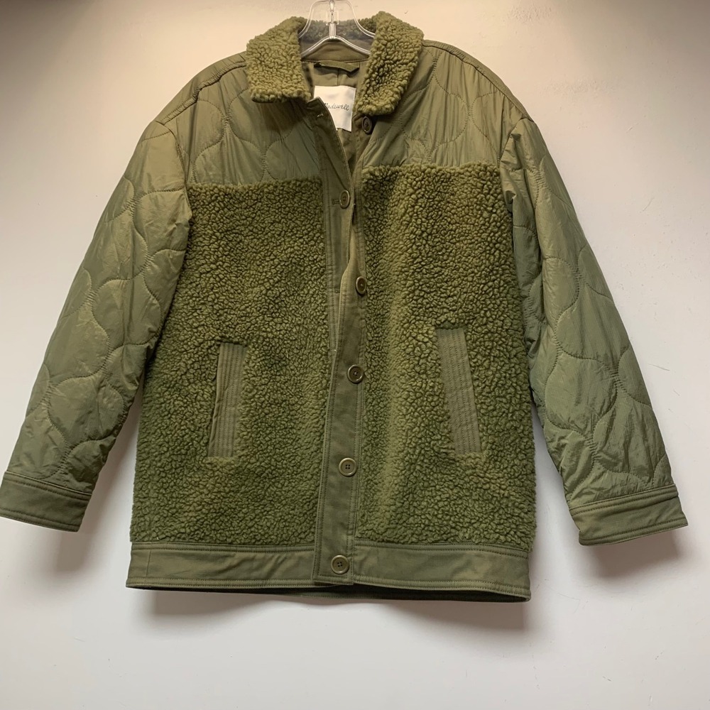 Madewell Mixed-Media Quilted Sherpa Jacket Women XS Green Excellent Fleece Coat